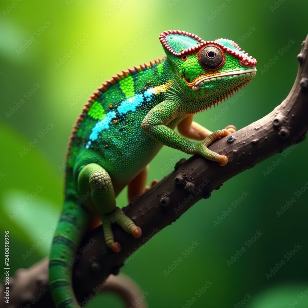 Obraz premium Veiled chameleon clinging to tree branch, vibrant green scales , environment, branch, stick