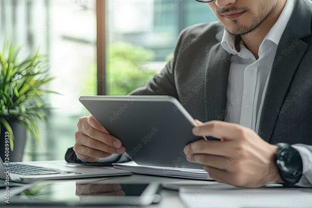 businessman hand working with tablet computer on wooden desk in modern office. Business and technology concept businessman hand working with tablet computer on wooden desk in modern office. Business and technology concept