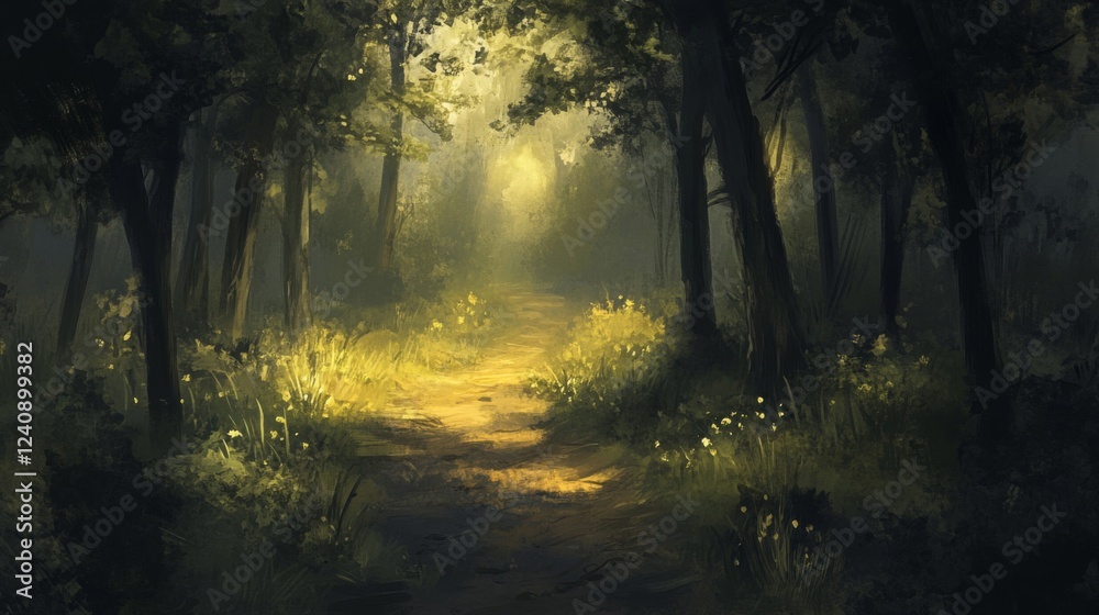 Fototapeta premium Sunlit Forest Path Through Misty Woods