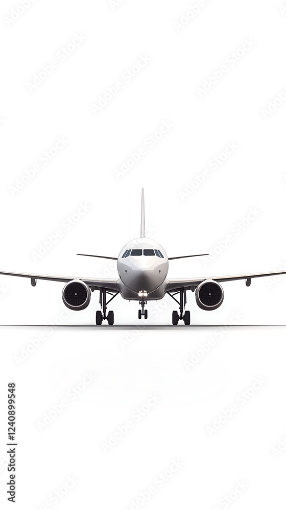A front view of a modern commercial airplane, showcasing its sleek design against a simple background. A front view of a modern commercial airplane, showcasing its sleek design against a simple background.