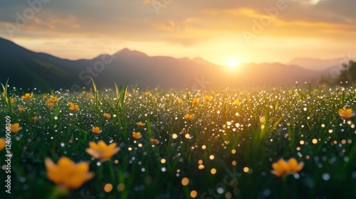 Sunrise Over Mountain Meadow with Dewy Yellow Flowers