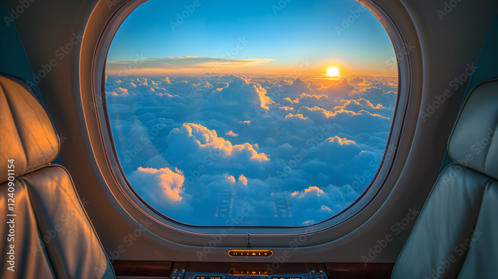 Fototapeta premium Airplane Window View Stunning Sunset Cloudscape, Golden Hour Luxury Travel Above Clouds.