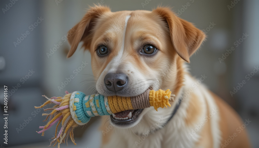 Playful dog holding a colorful toy in its mouth at home Playful dog holding a colorful toy in its mouth at home