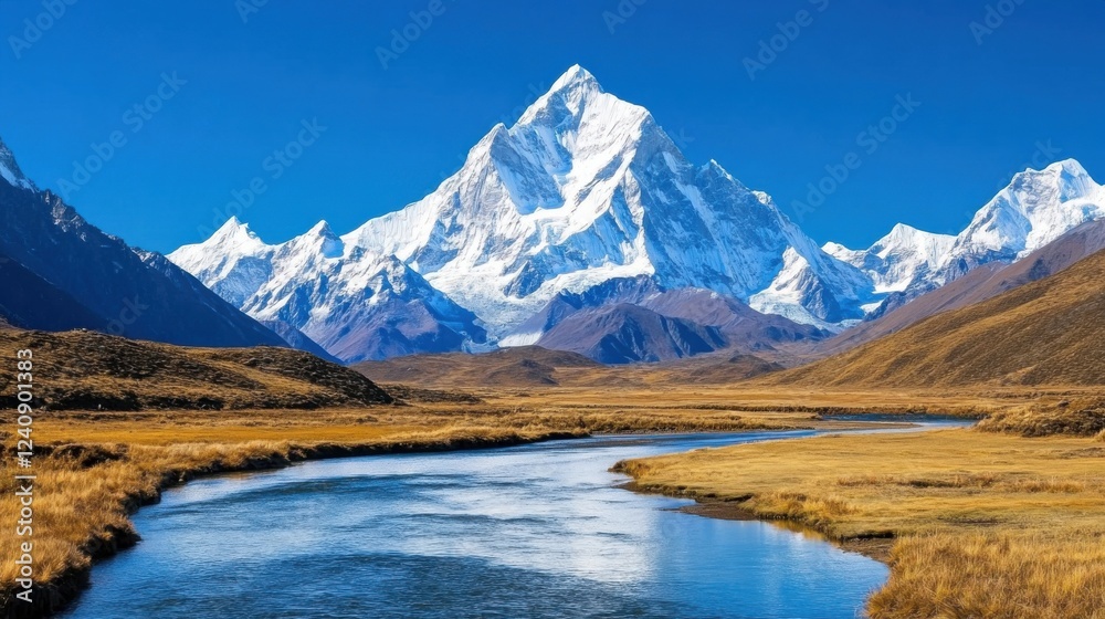 Majestic snow-capped mountain with serene river under clear blue sky Majestic snow-capped mountain with serene river under clear blue sky