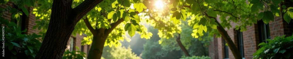 Obraz premium Sunlight filters through giant tree leaves in the courtyard, dappled, light, annapolis
