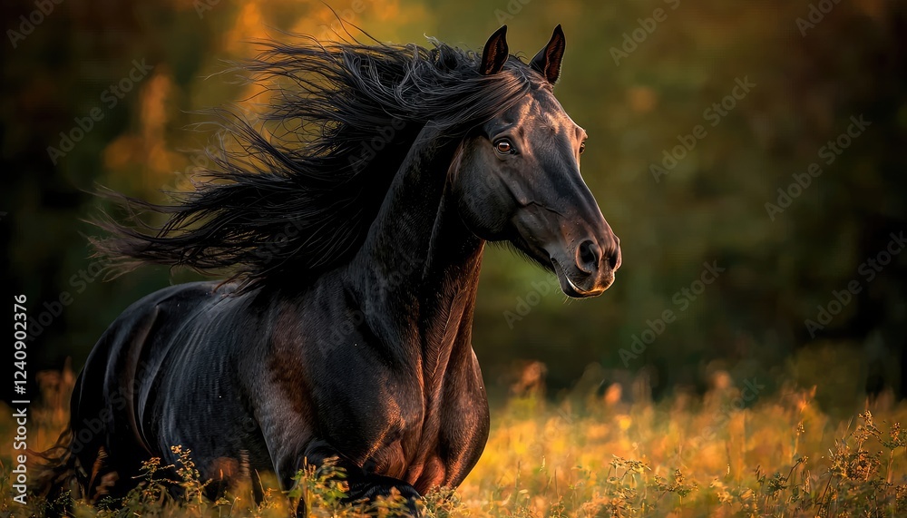 Obraz premium Majestic Black Stallion Running Through Golden Field