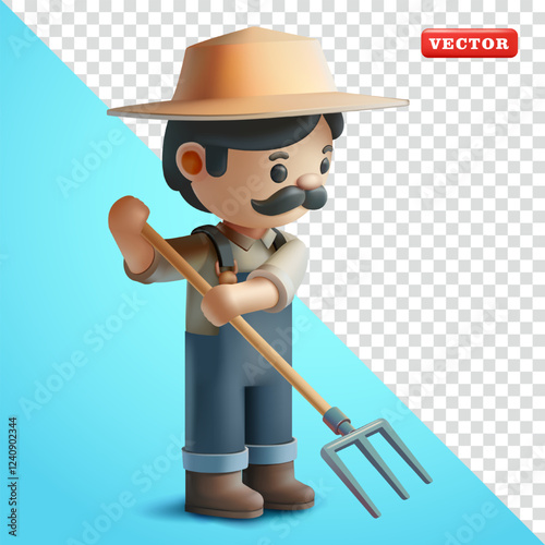 Farmer using garden soil fork, 3d vector. Suitable for plantations, livestock and agriculture