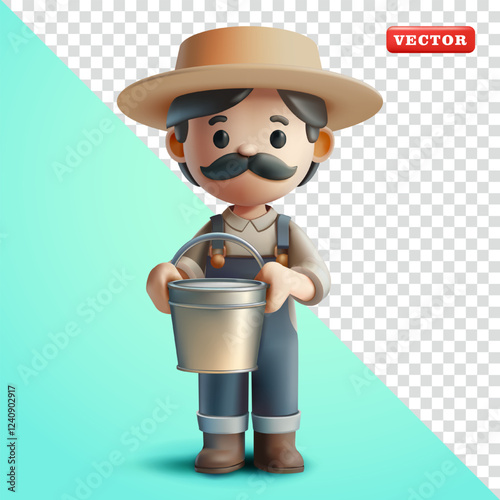 Farmer carrying aluminum bucket of cow's milk, 3d vector. Suitable for plantations, livestock and agriculture