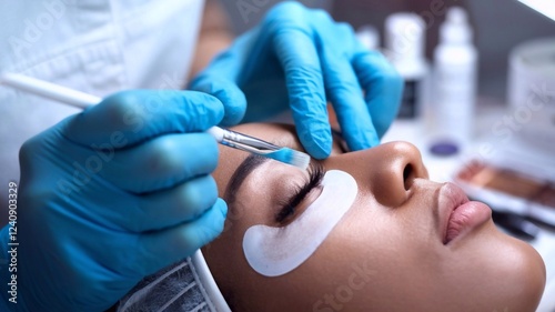 Esthetician applying eyelash lamination with a blue brush on a woman’s eyelashes, close-up view