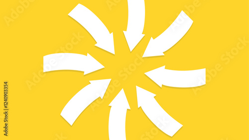 White curved arrows pointing inward toward a central point on a bright yellow background. Strategic alignment and team collaboration concept.