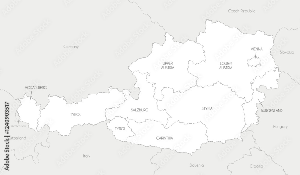 Obraz premium Vector regional map of Austria with federal states and administrative divisions, and neighbouring countries and territories. Editable and clearly labeled layers.