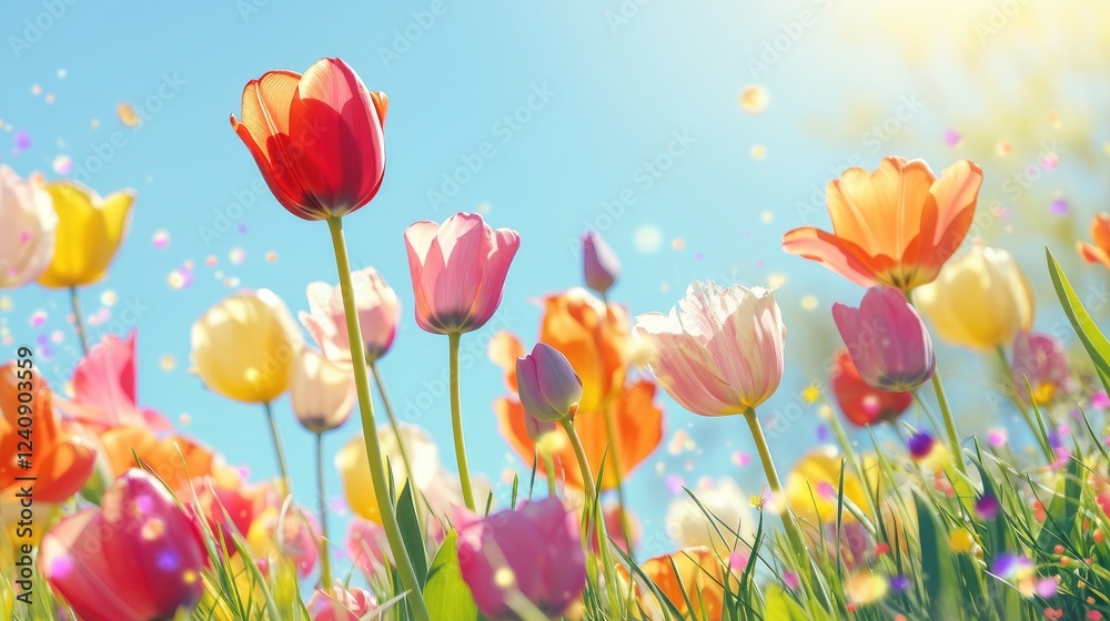 Obraz premium A vibrant scene of colorful tulips blooming in the garden, with soft sunrays shining down, creating a beautiful spring background. 