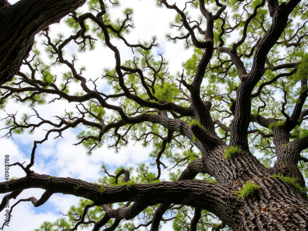 Thorny tree branches reach towards the clouds with rugged texture and vibrant green color, botanical, sky, trees Thorny tree branches reach towards the clouds with rugged texture and vibrant green color, botanical, sky, trees