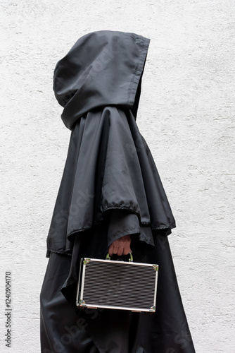 A mysterious wanderer in a dark cloak carrying a traveling suitcase.