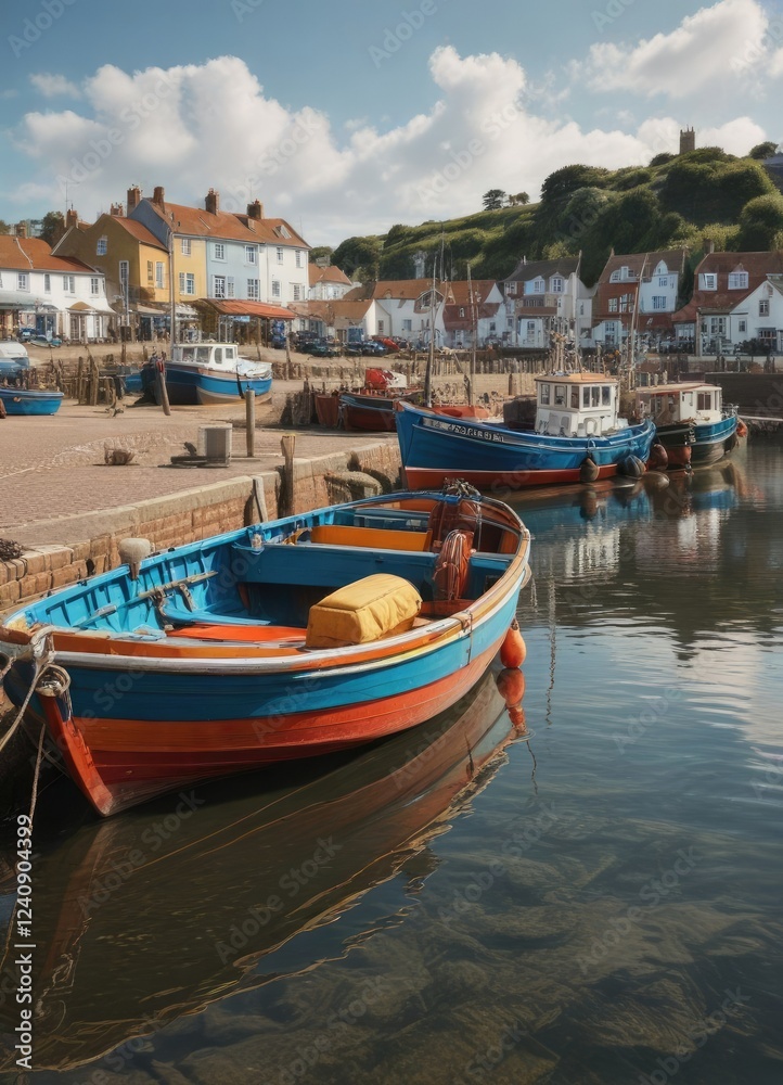 Traditional fishing boat in a harbour of Budleigh Salterton with boats docked, fishing boat, harbour, nautical Traditional fishing boat in a harbour of Budleigh Salterton with boats docked, fishing boat, harbour, nautical
