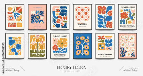 Abstract floral posters template. Modern trendy Matisse minimal style. Pink and blue colors. Hand drawn design for wallpaper, wall decor, print, postcard, cover, template, banner.