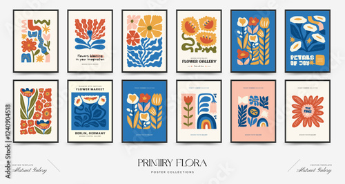 Abstract floral posters template. Modern trendy Matisse minimal style. Pink and blue colors. Hand drawn design for wallpaper, wall decor, print, postcard, cover, template, banner.