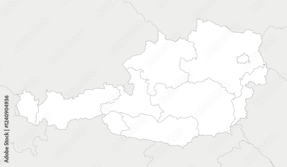 Vector regional blank map of Austria with federal states and administrative divisions, and neighbouring countries and territories. Editable and clearly labeled layers. Vector regional blank map of Austria with federal states and administrative divisions, and neighbouring countries and territories. Editable and clearly labeled layers.