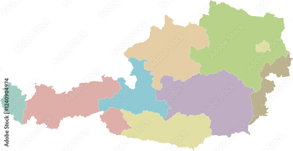 Naklejka premium Vector regional blank map of Austria with federal states or territories and administrative divisions. Editable and clearly labeled layers.