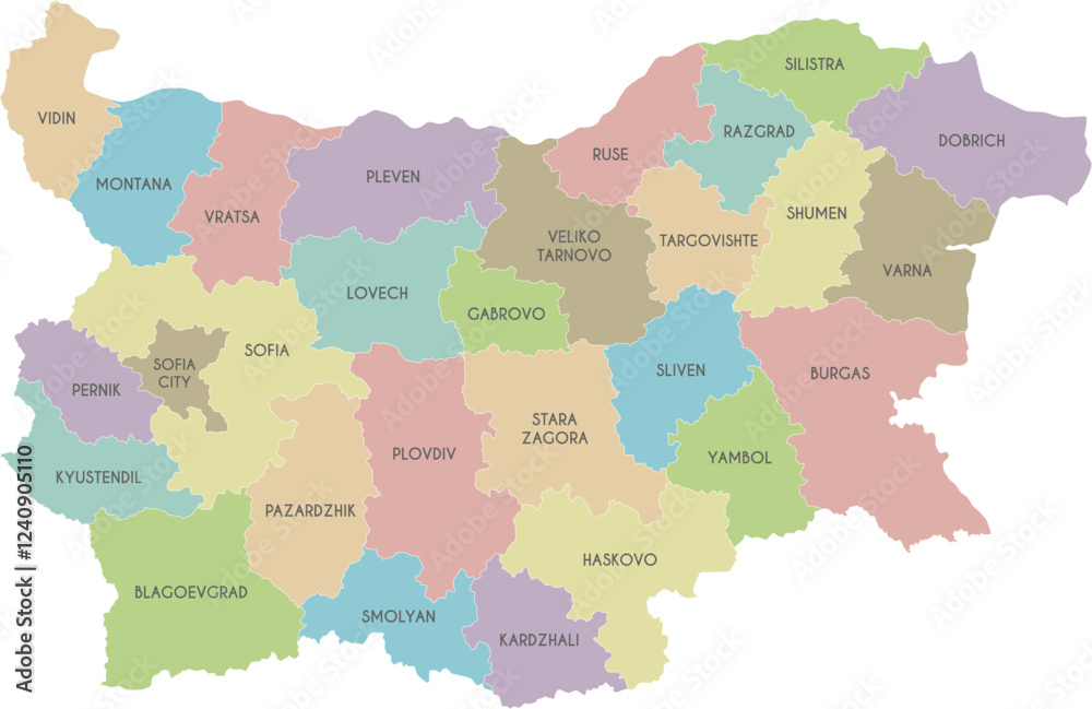 Fototapeta premium Vector regional map of Bulgaria with provinces or territories and administrative divisions. Editable and clearly labeled layers.