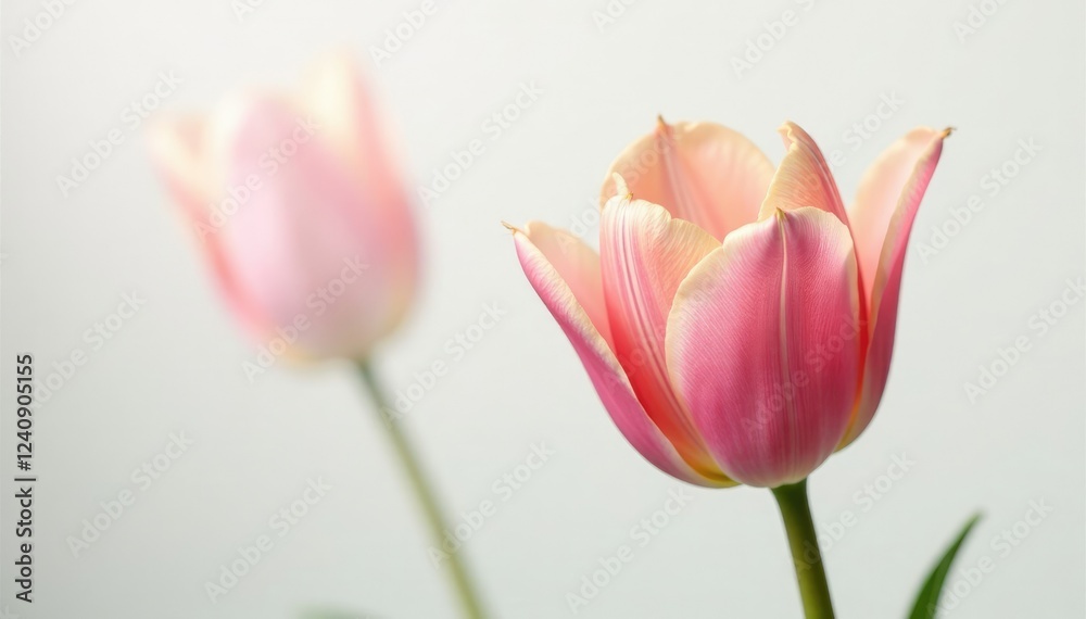 Naklejka premium Tulip petals unfurl against a soft white backdrop, white, bloom, tulip petals