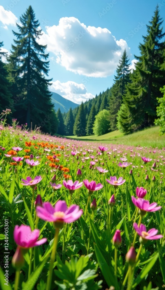 A field of pink wildflowers stretches towards the sky amidst a lush green meadow and towering trees, wildflowers, blossoms, green A field of pink wildflowers stretches towards the sky amidst a lush green meadow and towering trees, wildflowers, blossoms, green