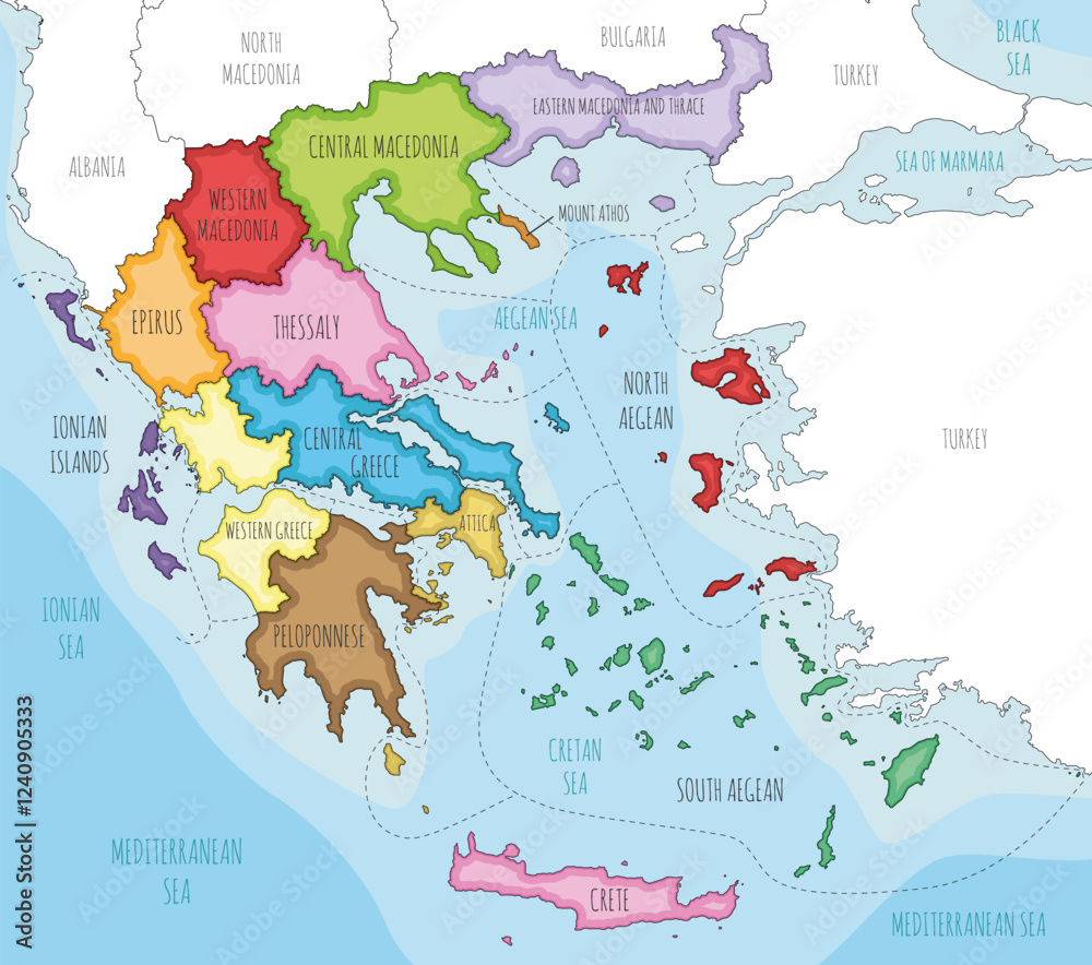 Fototapeta premium Vector illustrated map of Greece with regions and administrative divisions, and neighbouring countries and territories. Editable and clearly labeled layers.