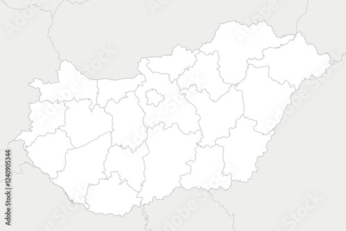 Vector regional blank map of Hungary with counties and administrative divisions, and neighbouring countries and territories. Editable and clearly labeled layers.