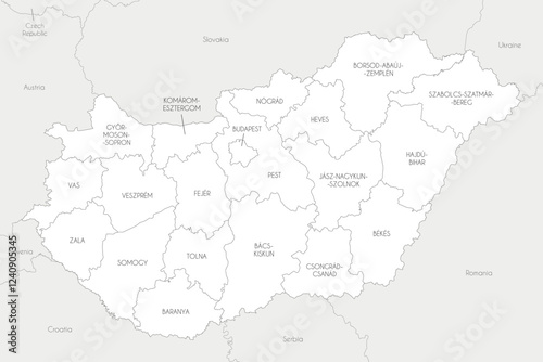 Vector regional map of Hungary with counties and administrative divisions, and neighbouring countries and territories. Editable and clearly labeled layers.