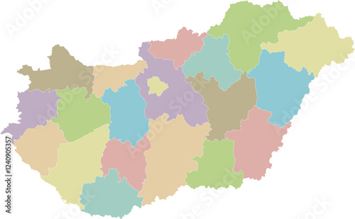 Vector regional blank map of Hungary with counties or territories and administrative divisions. Editable and clearly labeled layers.