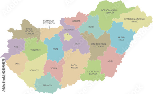 Vector regional map of Hungary with counties or territories and administrative divisions. Editable and clearly labeled layers.