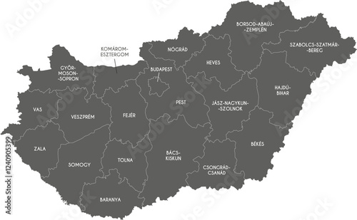 Vector regional map of Hungary with counties or territories and administrative divisions. Editable and clearly labeled layers.