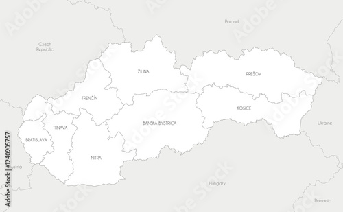 Vector map of Slovakia or Slovak Republic with regions and administrative divisions, and neighbouring countries and territories. Editable and clearly labeled layers.