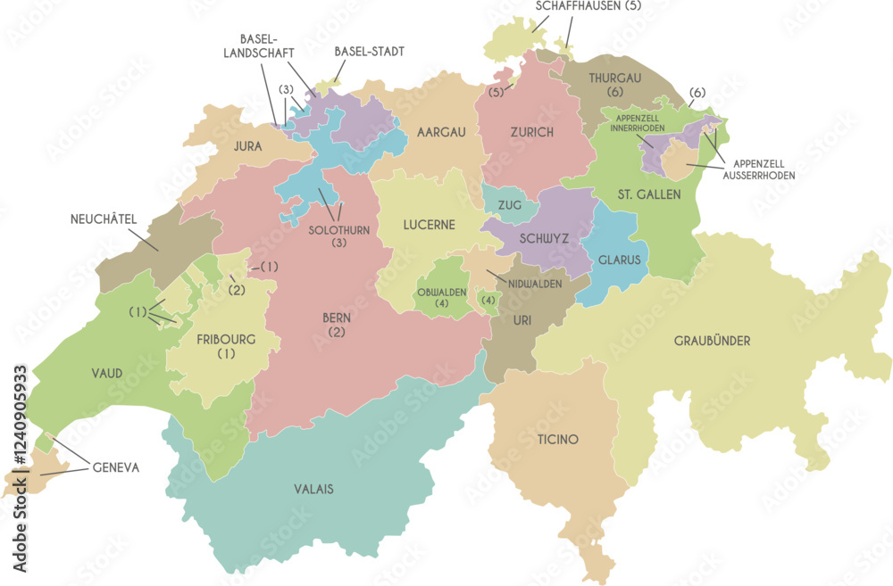 Obraz premium Vector regional map of Switzerland with cantons or territories and administrative divisions. Editable and clearly labeled layers.