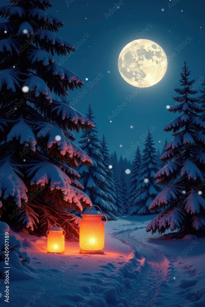 Fototapeta premium Luminous Full Moon casts eerie glow on snow covered pine trees with glowing orange lanterns, lanterns, autumn night