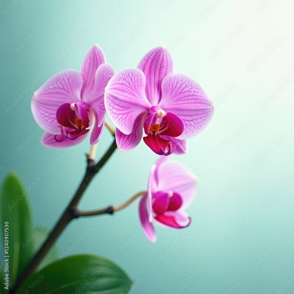 Pink orchid sways gently in the breeze on a slender branch, , leaves Pink orchid sways gently in the breeze on a slender branch, , leaves