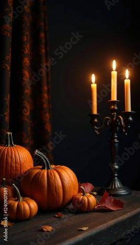 Pumpkins and candelabras on a dark wooden stage, warm candlelight glows, candelabras, fall photo