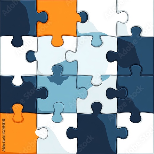 A puzzle icon with pieces joined together, symbolizing joining forces.  Blue, white, orange. 