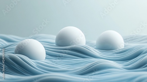 Abstract landscape with floating white spheres on a wavy blue surface for futuristic and conceptual themes.
 photo