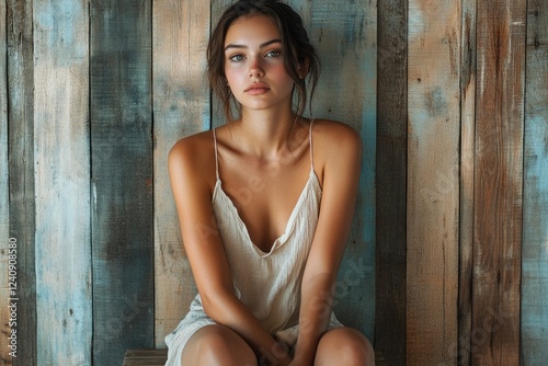 A young woman with tanned skin sits against a rustic wooden wall, wearing a beige slip dress.