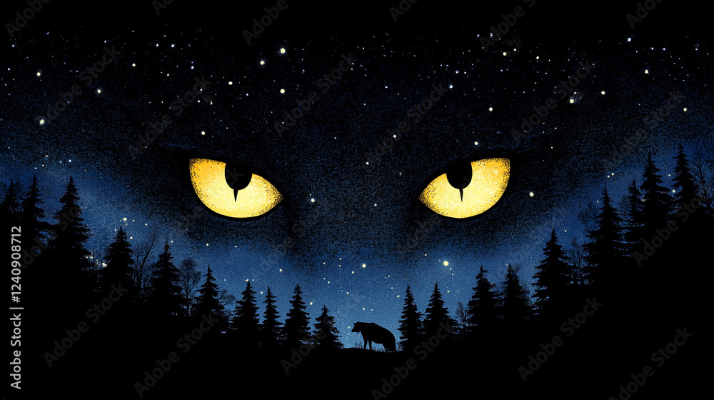 Fototapeta premium A mysterious night scene with glowing yellow eyes in the sky above a forest silhouette and a lone wolf.