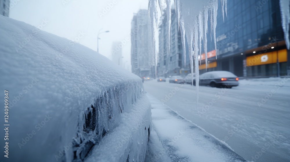 Icy streets lined with frozen cars in a city during a winter storm Icy streets lined with frozen cars in a city during a winter storm