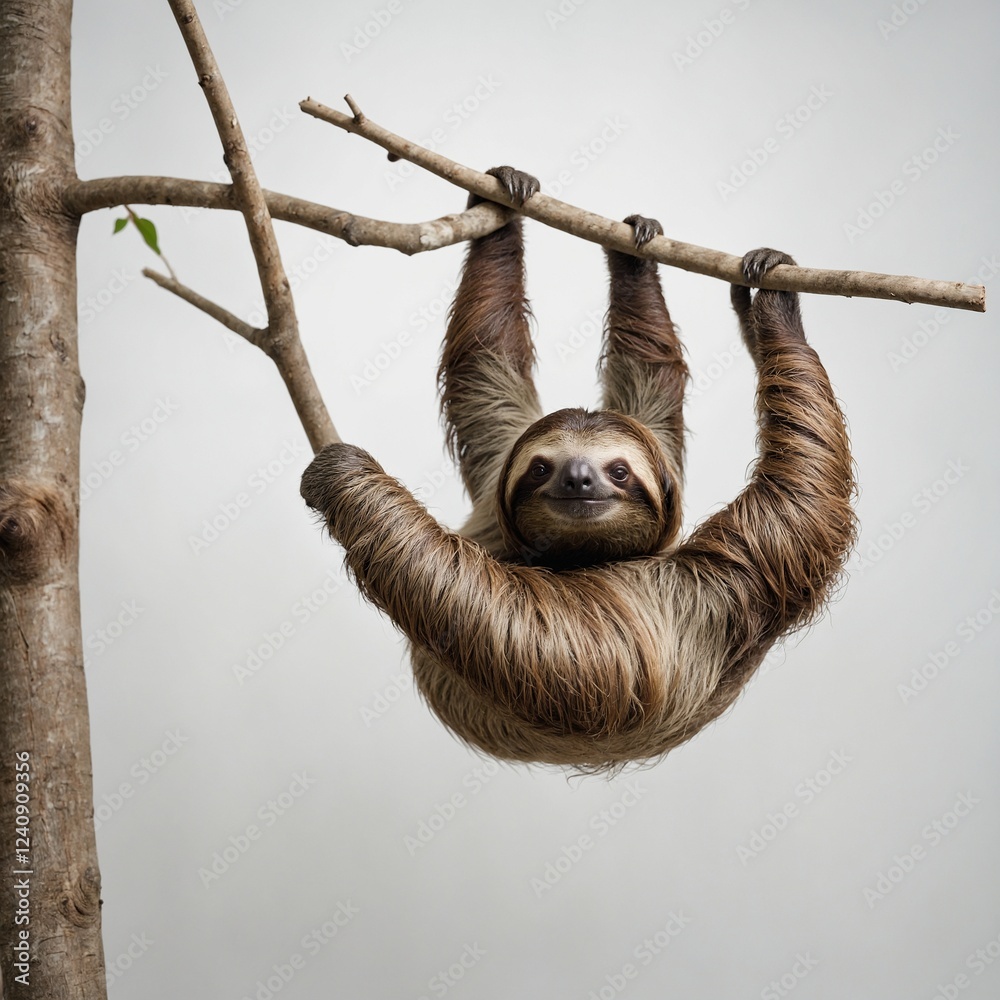 Fototapeta premium A sloth hanging lazily from an invisible branch, pure white background.