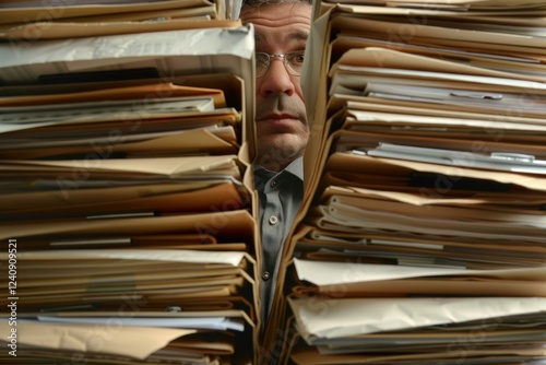 Businessman overwhelmed by paperwork is looking through a gap in a huge stack of files