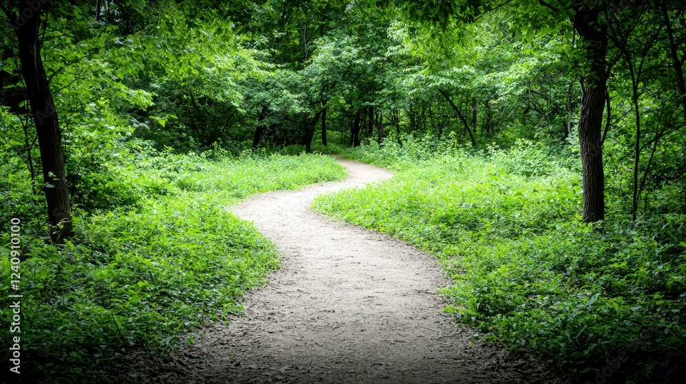 Winding path through lush green forest; nature, tranquility, escape Winding path through lush green forest; nature, tranquility, escape