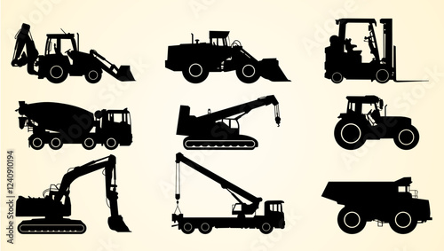 Construction vehicles lined up, depicted as black silhouettes on a light background.