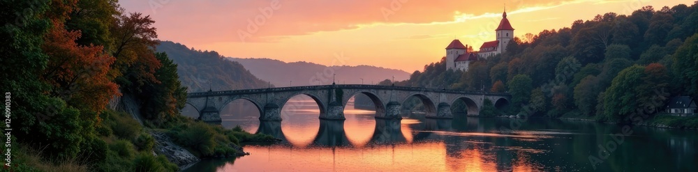 Fototapeta premium Vltava River with stone bridges at early dawn, dawn, river, bridge