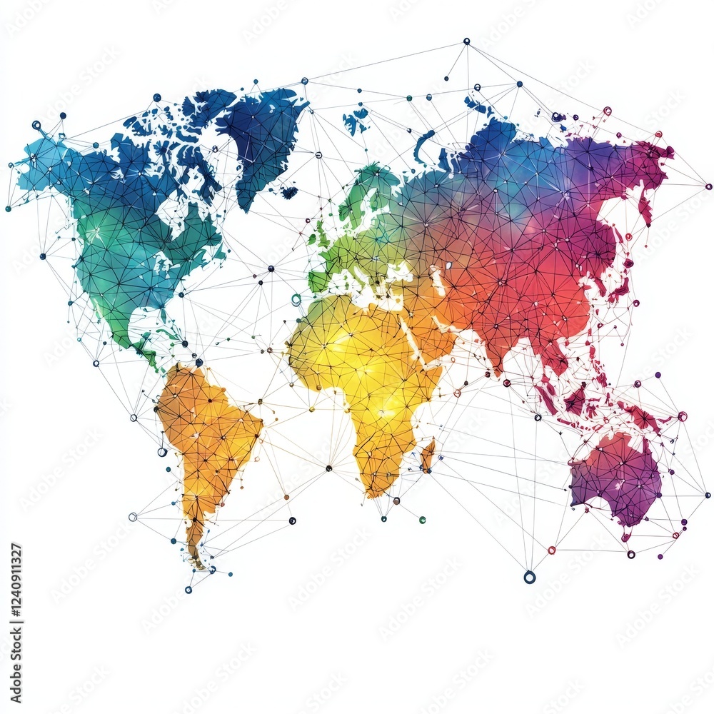 Fototapeta premium Vibrant Colorful World Map with Geometric Connections and Nodes Illustrating Global Networks and Interactions