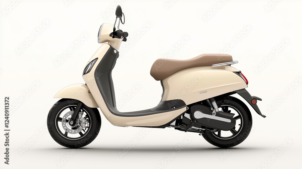 Obraz premium The beige scooter with an ergonomic seat against a minimalistic pastel background.
