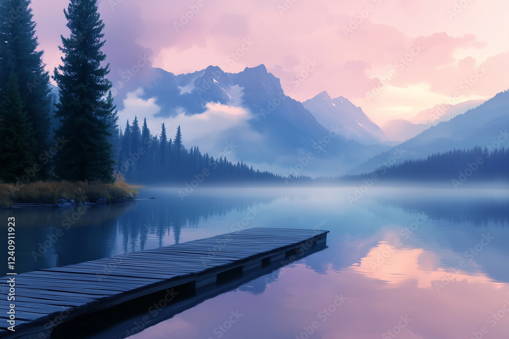 A tranquil lakeside retreat at twilight, with a wooden dock extending into calm waters.
A tranquil lakeside retreat at twilight, with a wooden dock extending into calm waters.
